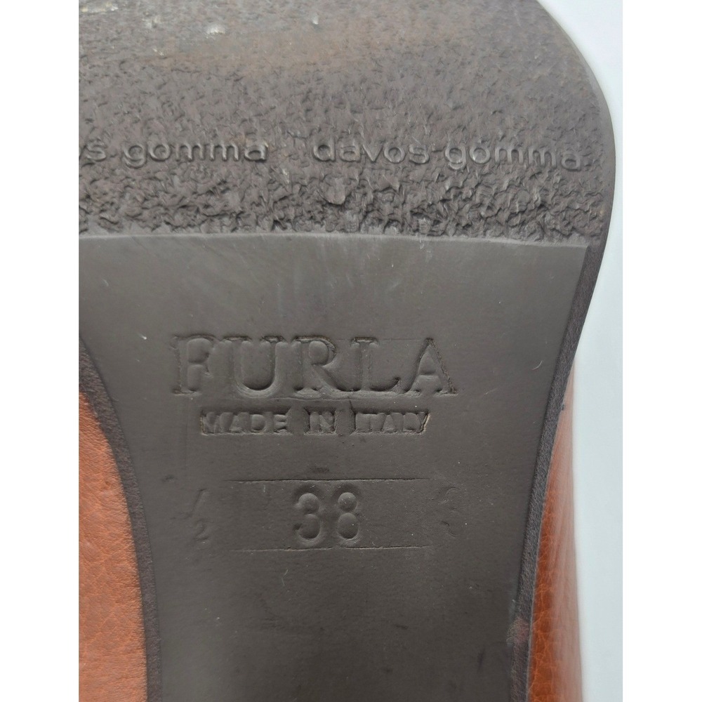 Vintage Furla Brown Leather Pumps Y2K Corporate Chic Buckle Block Heel 38 US 8 - Picture 12 of 14